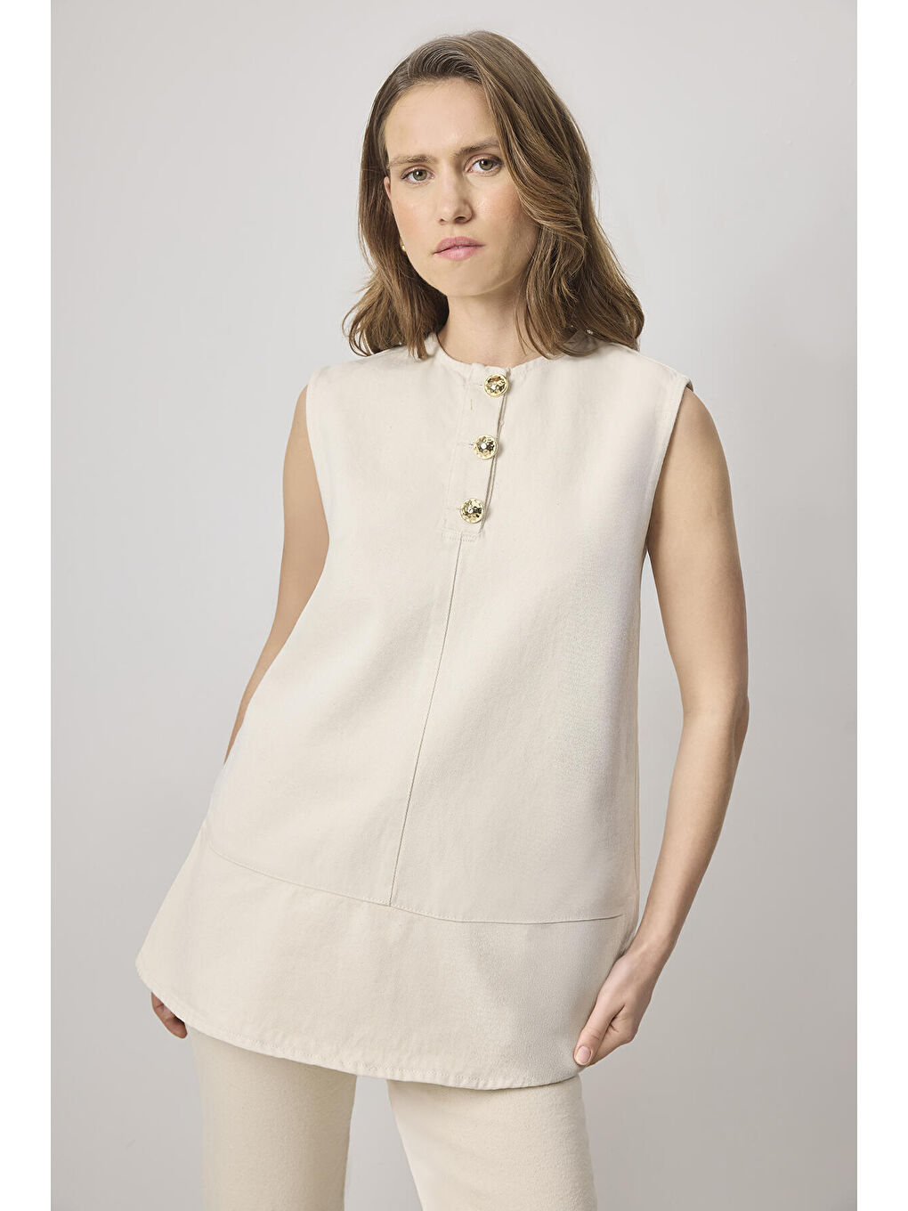 Bej Gold Düğmeli Denim Tunik-3