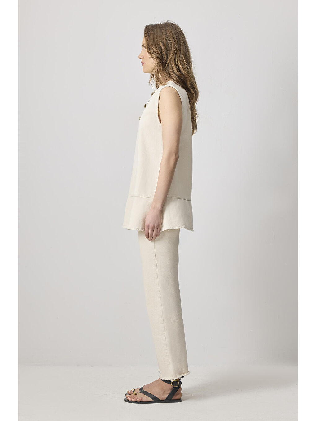 Bej Gold Düğmeli Denim Tunik-4