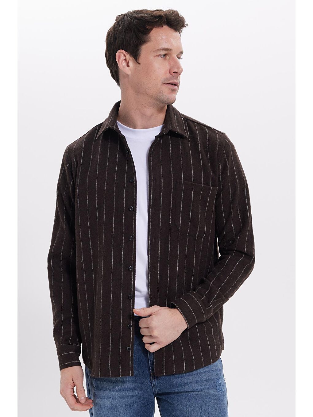 Karışık Erkek Regular Fit Klasik Kesim Çizgili Çift Cep Kapaklı Oduncu Gömlek