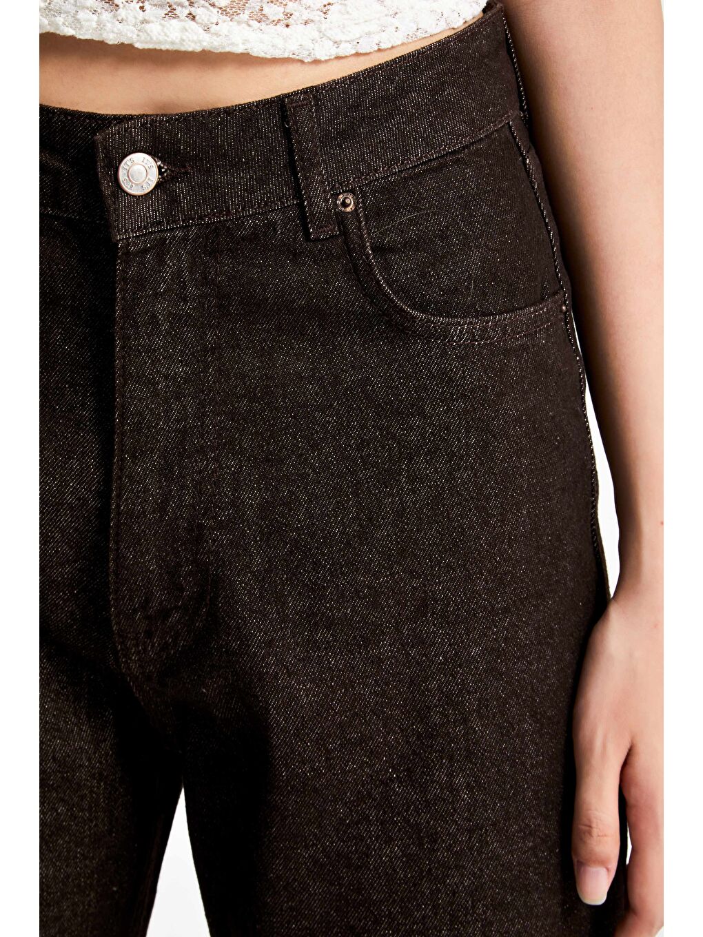 Kahverengi Kadın Acı Kahve Renk 7w5-16 Straight Fit Yüksek Bel Özel Parlak Kumaş %100 Pamuk Denim Jean-1