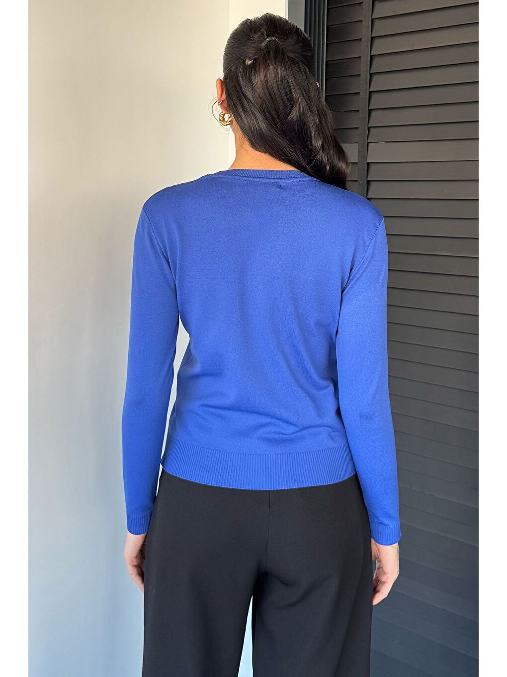 Mavi Kadın Bisiklet Yaka Çiçek Figürlü Triko Bluz-3