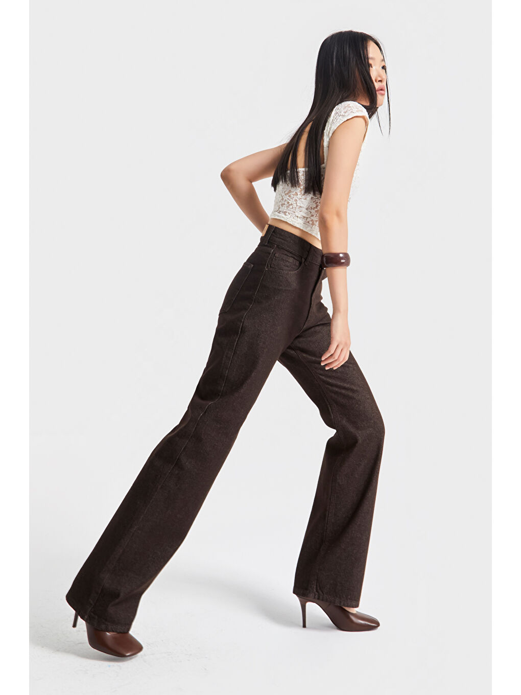 Kahverengi Kadın Acı Kahve Renk 7w5-16 Straight Fit Yüksek Bel Özel Parlak Kumaş %100 Pamuk Denim Jean-2