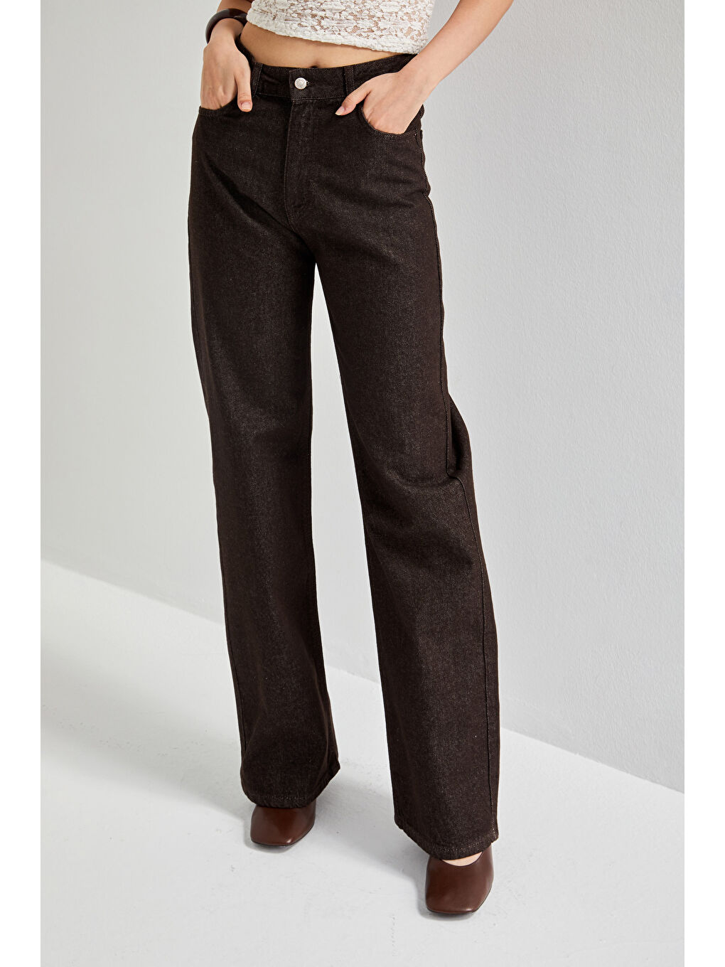 Kahverengi Kadın Acı Kahve Renk 7w5-16 Straight Fit Yüksek Bel Özel Parlak Kumaş %100 Pamuk Denim Jean-3