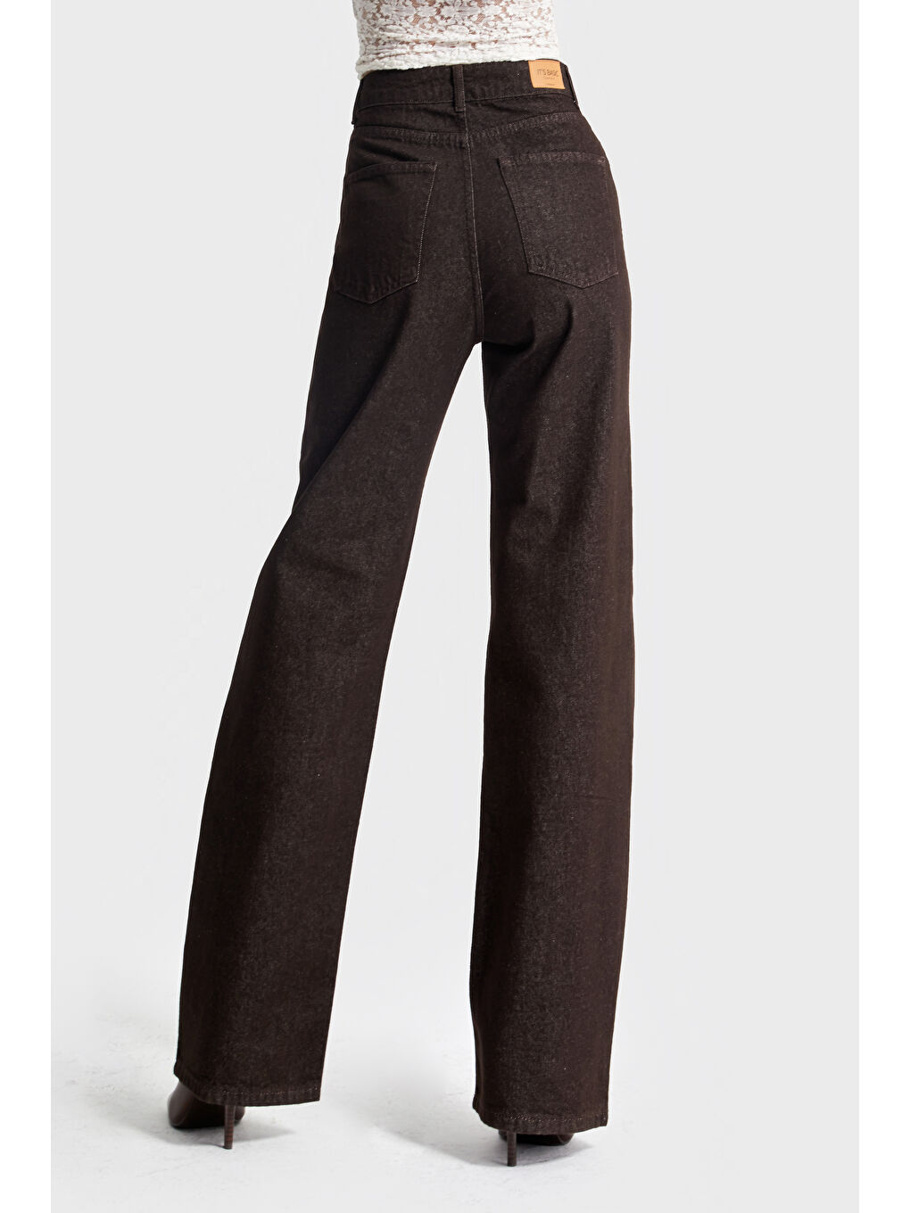 Kahverengi Kadın Acı Kahve Renk 7w5-16 Straight Fit Yüksek Bel Özel Parlak Kumaş %100 Pamuk Denim Jean-4