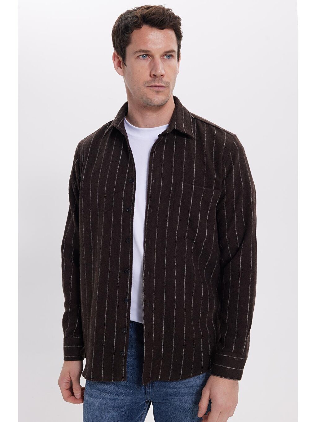 Karışık Erkek Regular Fit Klasik Kesim Çizgili Çift Cep Kapaklı Oduncu Gömlek-4