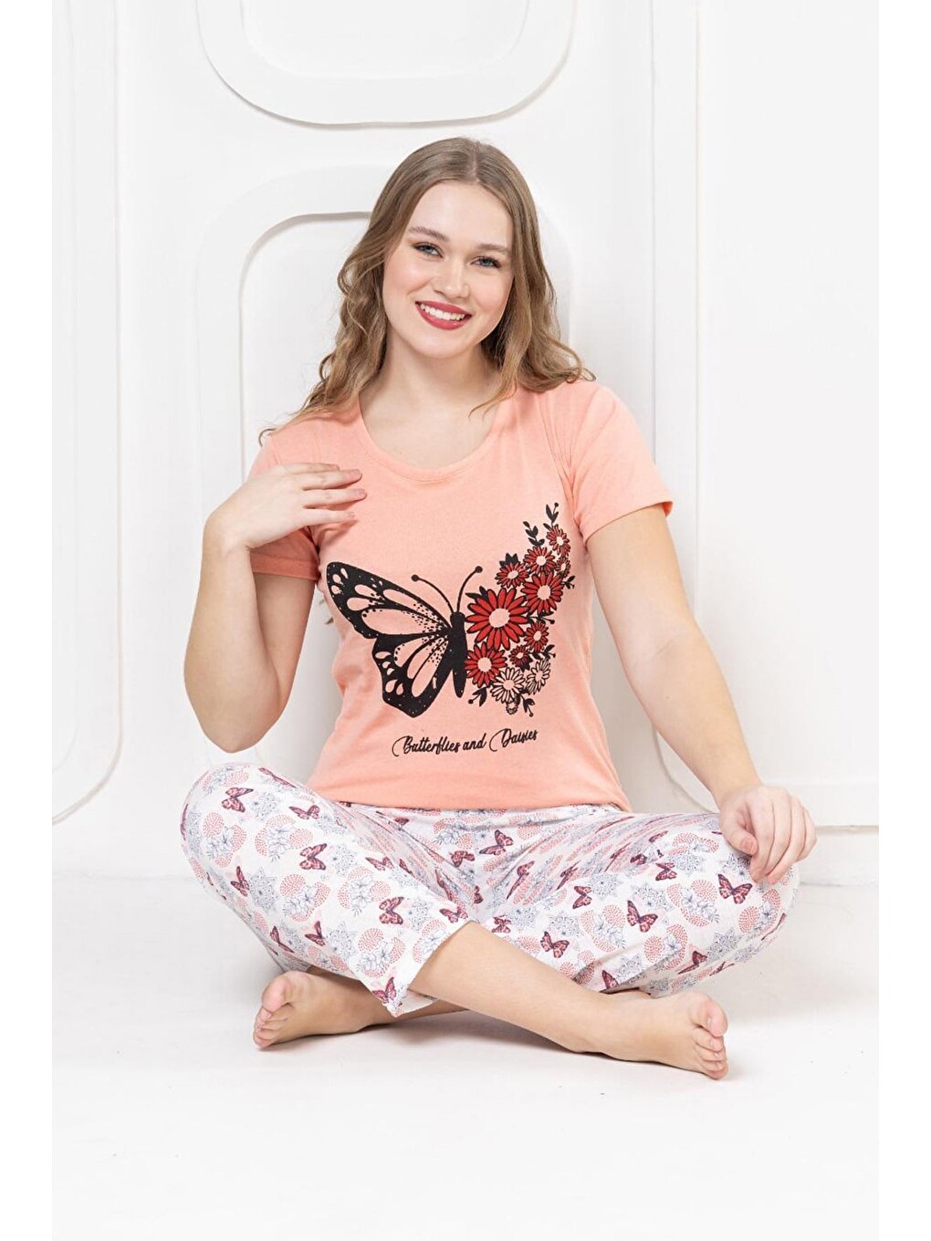 Pembe Ayıcık Baskılı Bisiklet Yaka Pijama Takımı-1