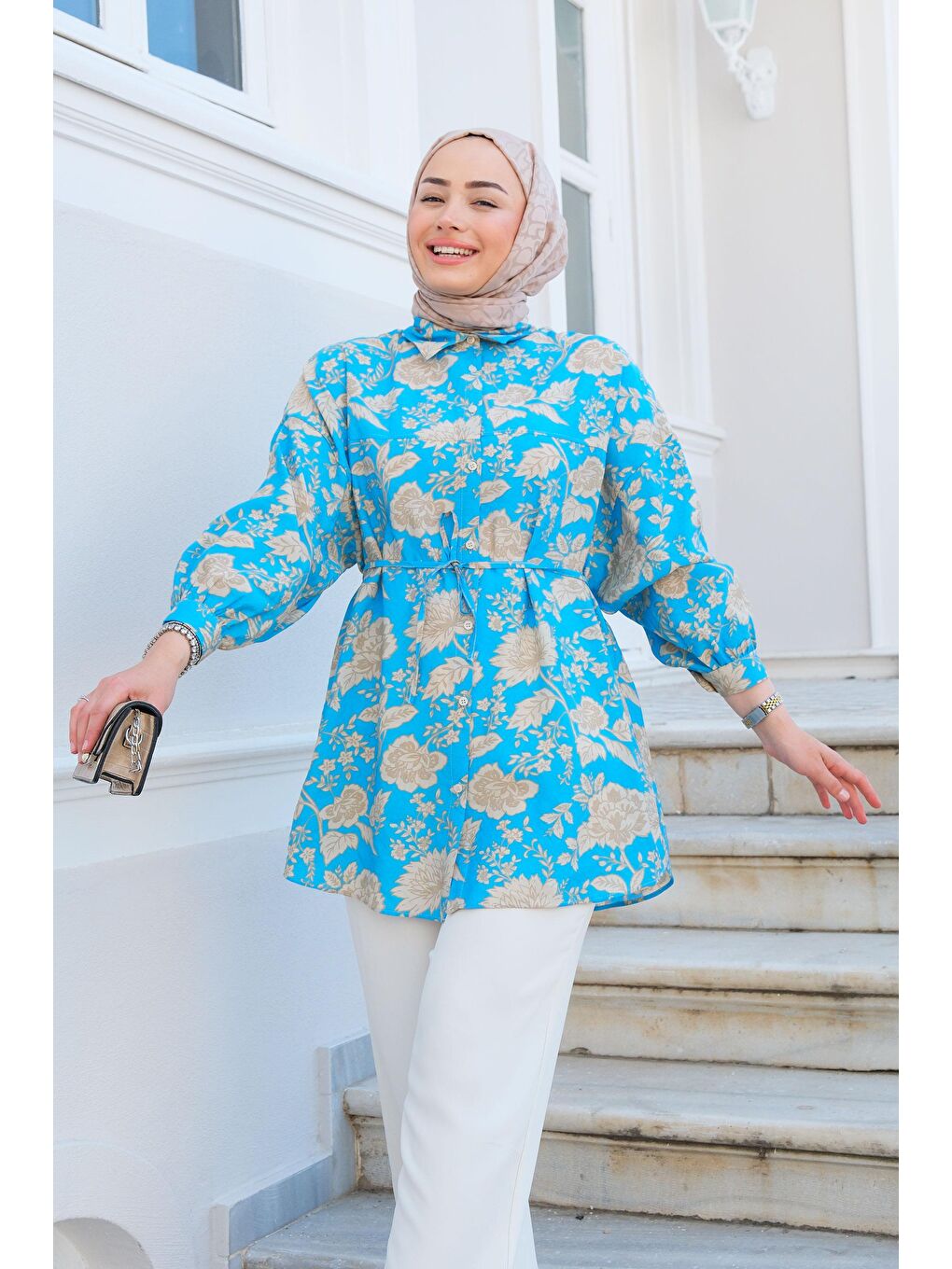 Yaprak Desen Gömlek Mavi