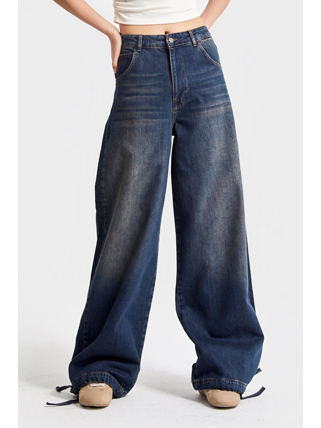 Mavi Kadın Jean Rengi 2w5-8 Straight Palazzo Fit Paçası Bağcıklı Süper Bol Kesim %100 Pamuk Denim Jean