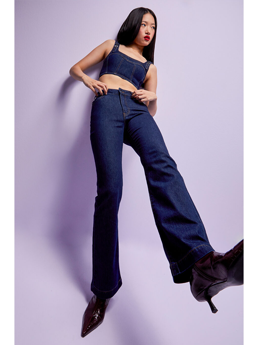 Kadın Lacivert Renk 19w5-33 Yüksek Bel Flare Fit Aksesuar Detaylı Esnek Kumaş Tasarım Denim Jean-4