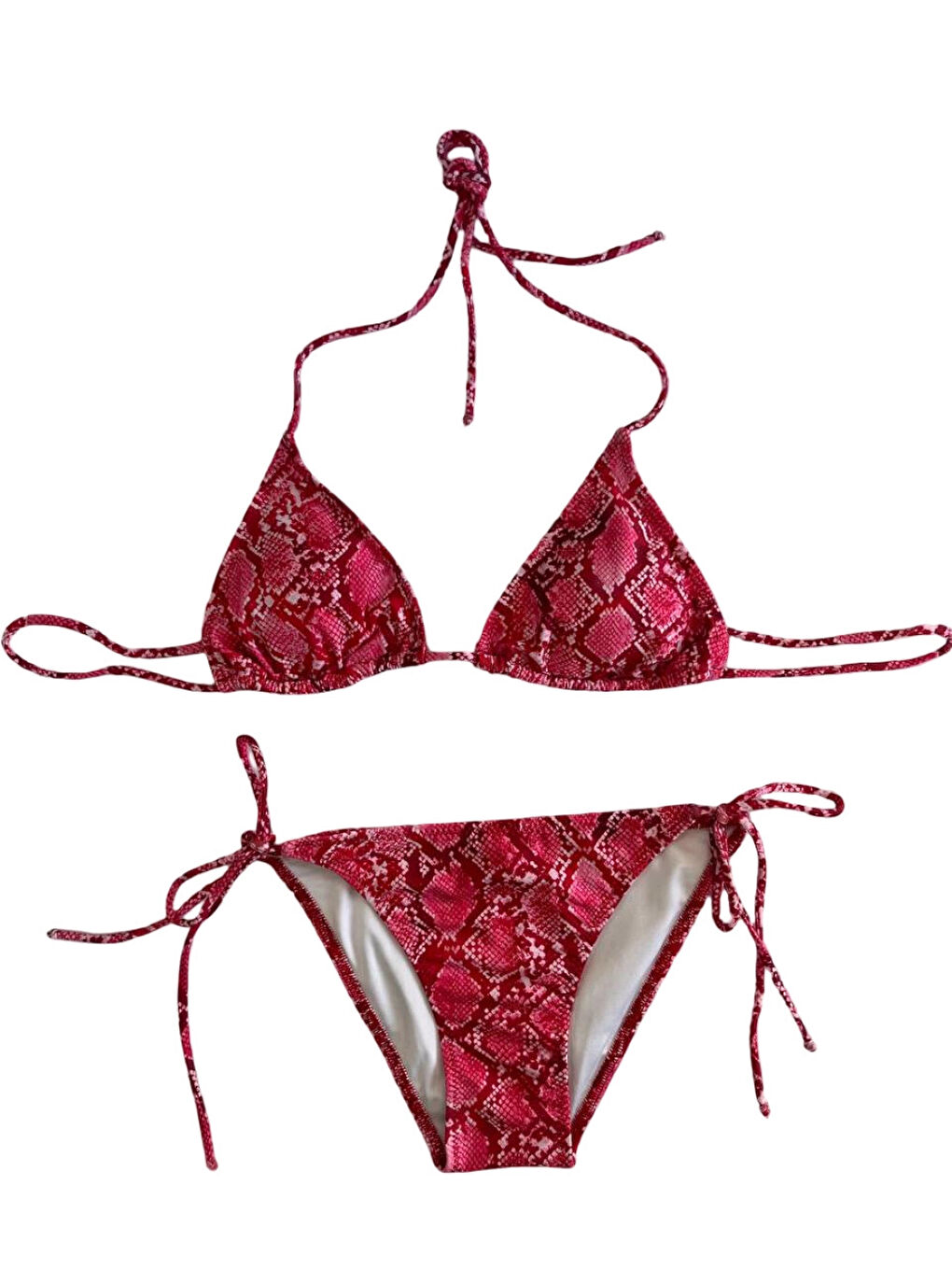 Kadın Kırmızı Yılan Derisi Desen Boyundan İp Bağlamalı Üçgen Bikini Takımı HZL25S-LC5005