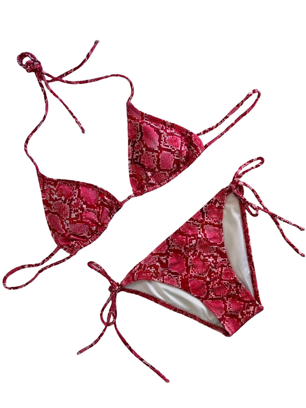Kadın Kırmızı Yılan Derisi Desen Boyundan İp Bağlamalı Üçgen Bikini Takımı HZL25S-LC5005-1