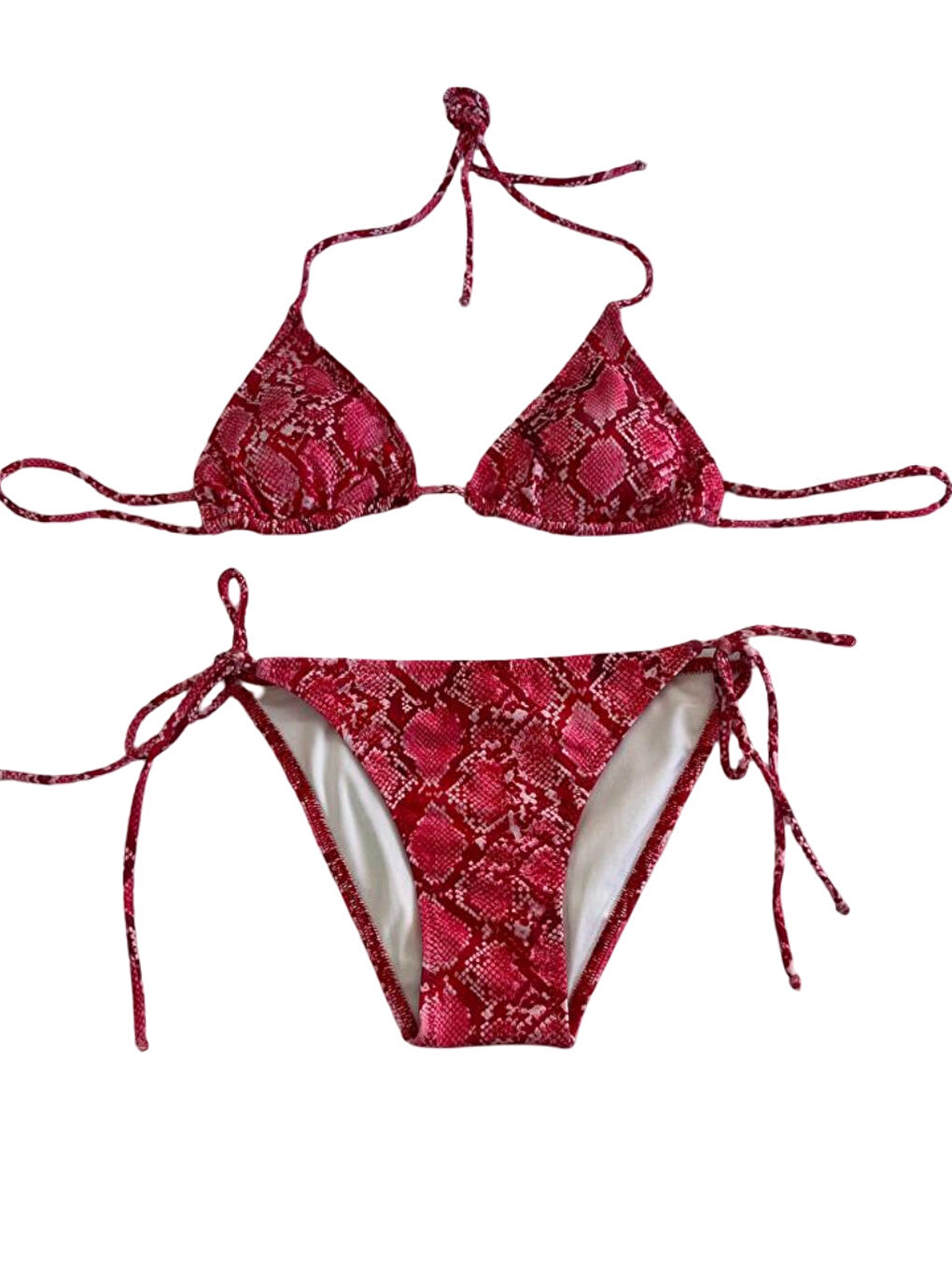 Kadın Kırmızı Yılan Derisi Desen Boyundan İp Bağlamalı Üçgen Bikini Takımı HZL25S-LC5005-2