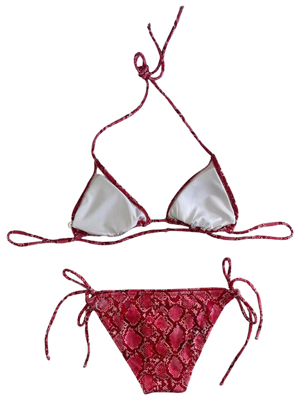 Kadın Kırmızı Yılan Derisi Desen Boyundan İp Bağlamalı Üçgen Bikini Takımı HZL25S-LC5005-3