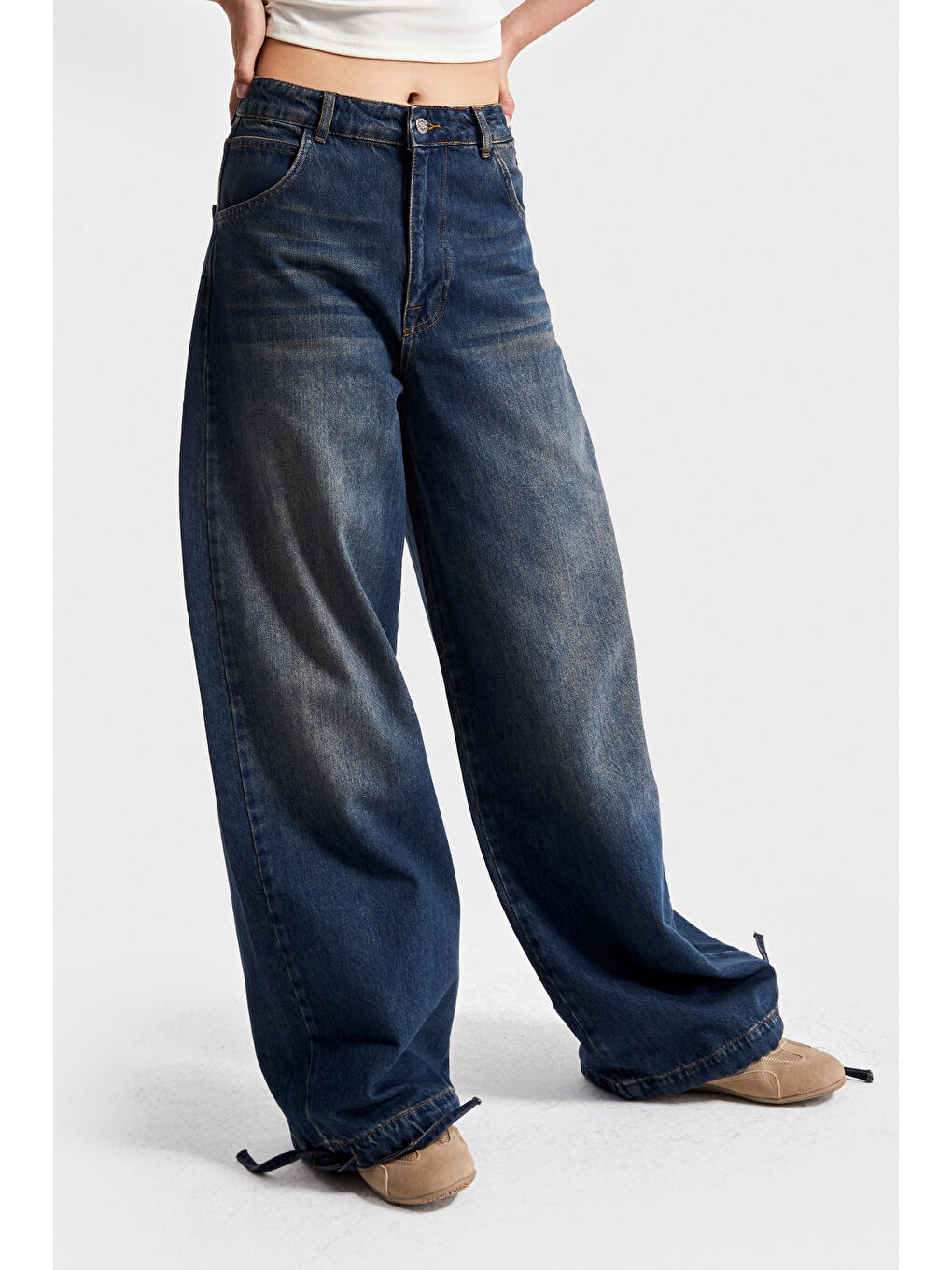 Mavi Kadın Jean Rengi 2w5-8 Straight Palazzo Fit Paçası Bağcıklı Süper Bol Kesim %100 Pamuk Denim Jean-3