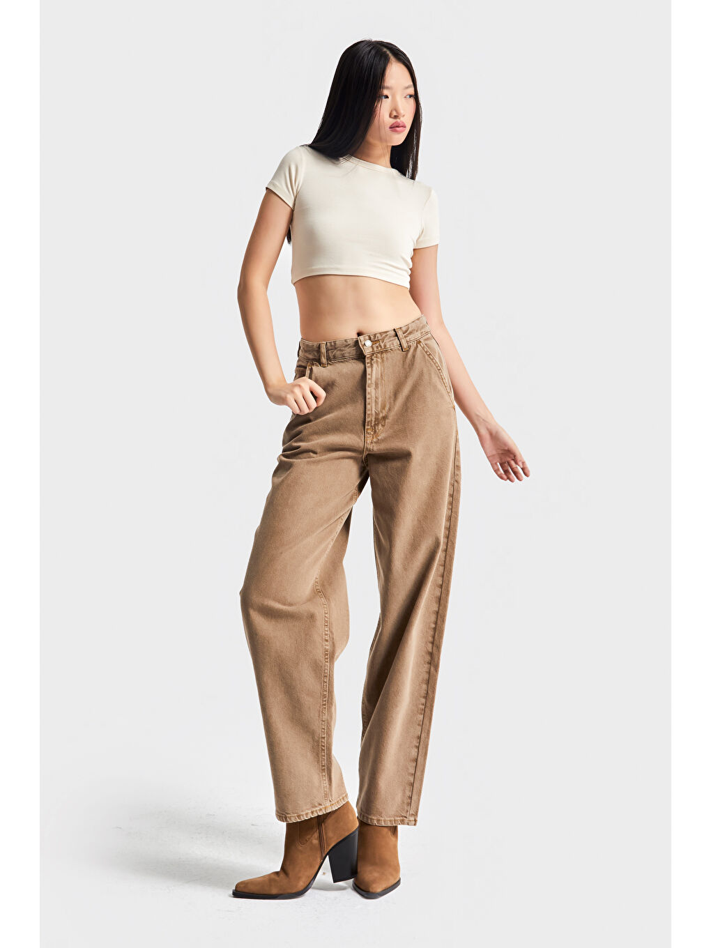 Kahverengi Kadın Kahve Renk 3w5-76 Skater Fit Bol Kesim %100 Pamuk İç Boy 78cm Denim Jean-2