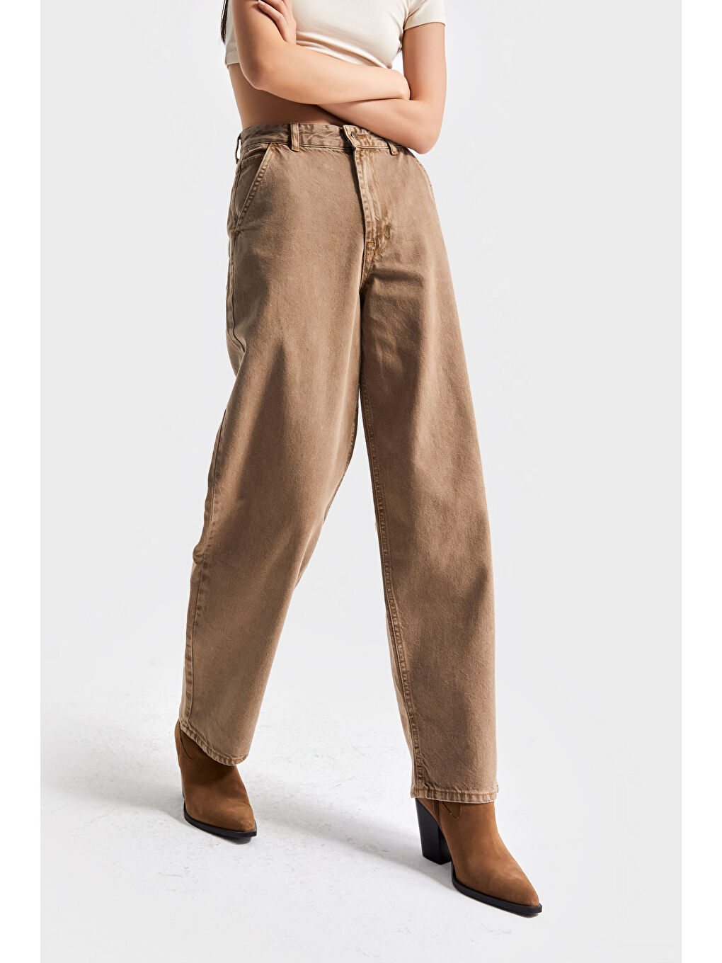 Kahverengi Kadın Kahve Renk 3w5-76 Skater Fit Bol Kesim %100 Pamuk İç Boy 78cm Denim Jean-3