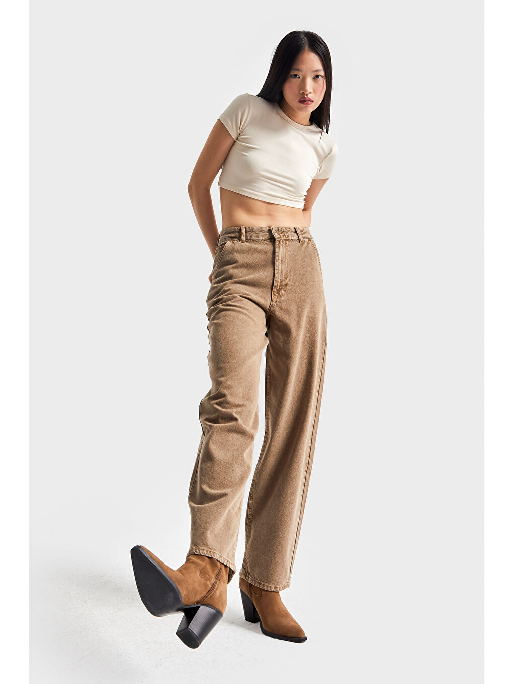 Kahverengi Kadın Kahve Renk 3w5-76 Skater Fit Bol Kesim %100 Pamuk İç Boy 78cm Denim Jean-4