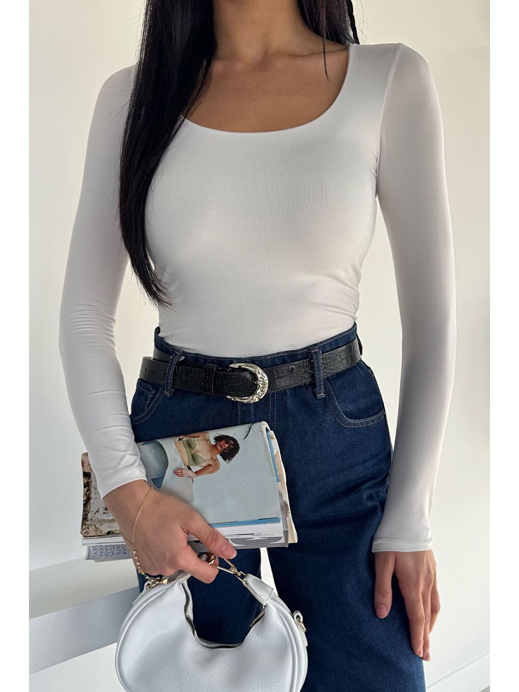 Beyaz Kadın Uzun Kol Basic Elastanlı Slim Fit Body Bluz