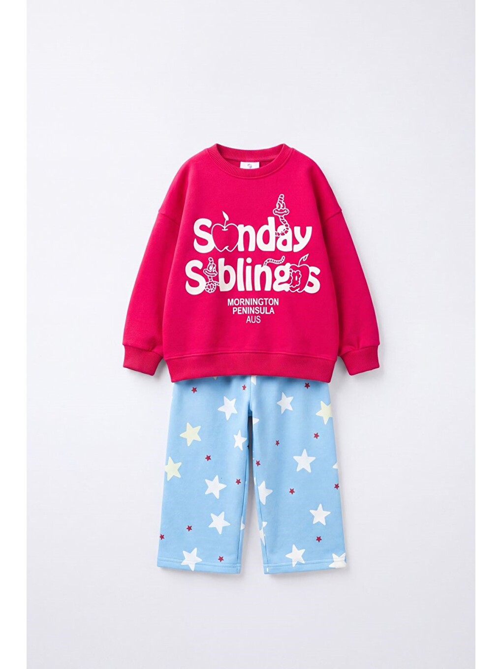 Karışık Unisex Çocuk Kırmızı Sweatshirt Ve Desenli Mavi Eşofman Takımı