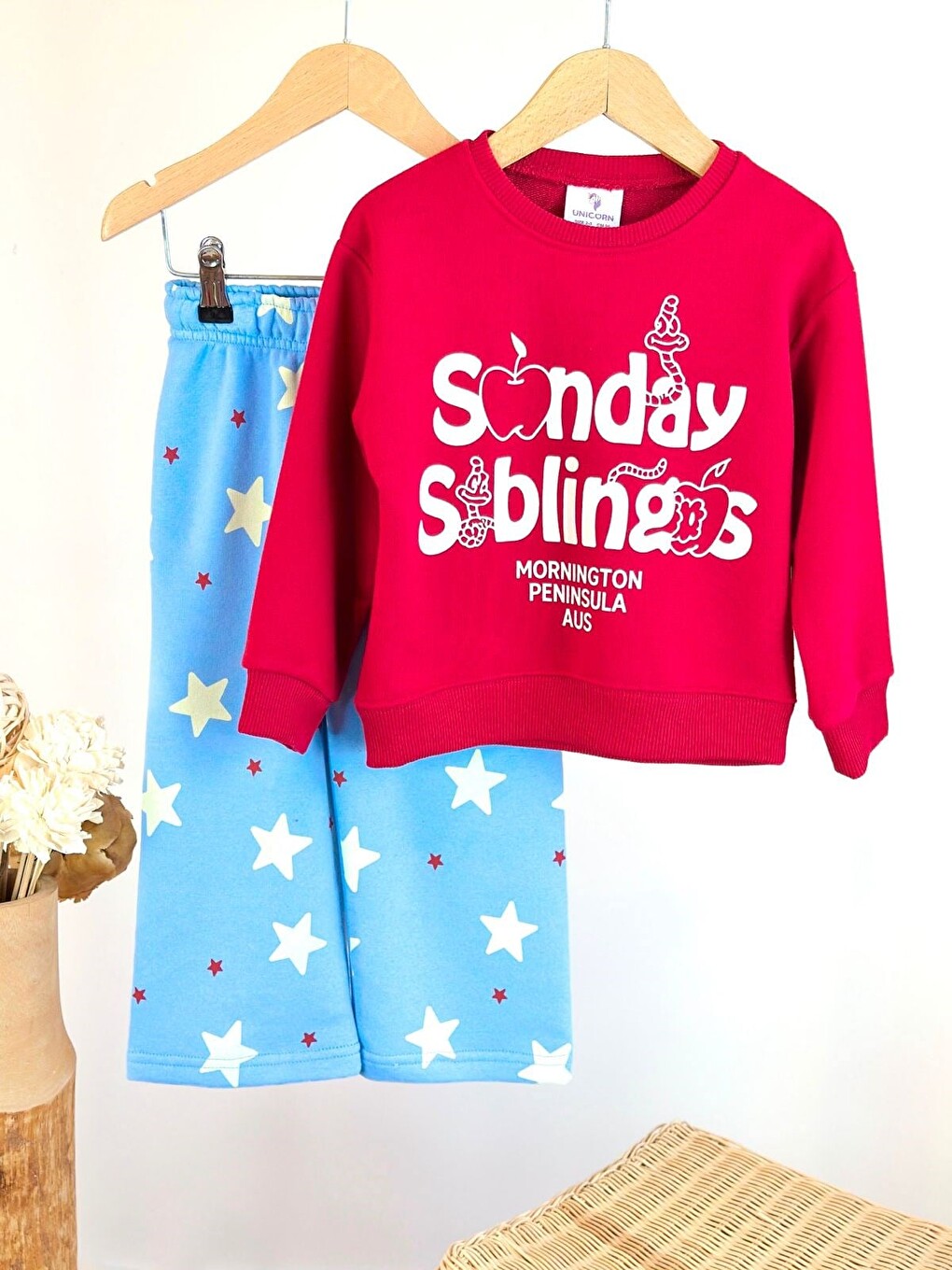 Karışık Unisex Çocuk Kırmızı Sweatshirt Ve Desenli Mavi Eşofman Takımı-2