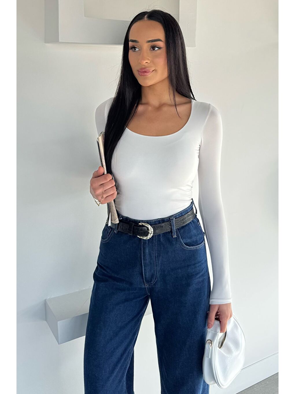 Beyaz Kadın Uzun Kol Basic Elastanlı Slim Fit Body Bluz-1