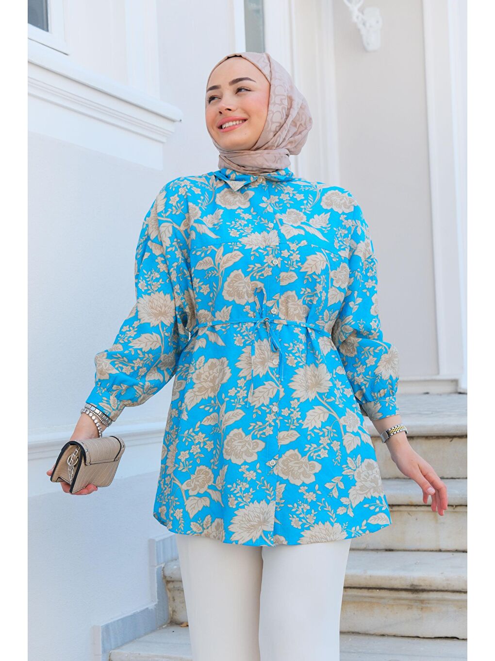 Yaprak Desen Gömlek Mavi-2
