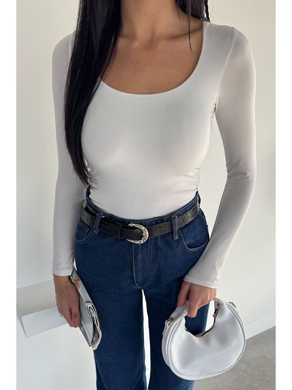 Beyaz Kadın Uzun Kol Basic Elastanlı Slim Fit Body Bluz-2
