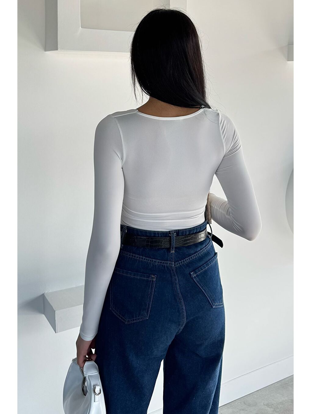 Beyaz Kadın Uzun Kol Basic Elastanlı Slim Fit Body Bluz-3