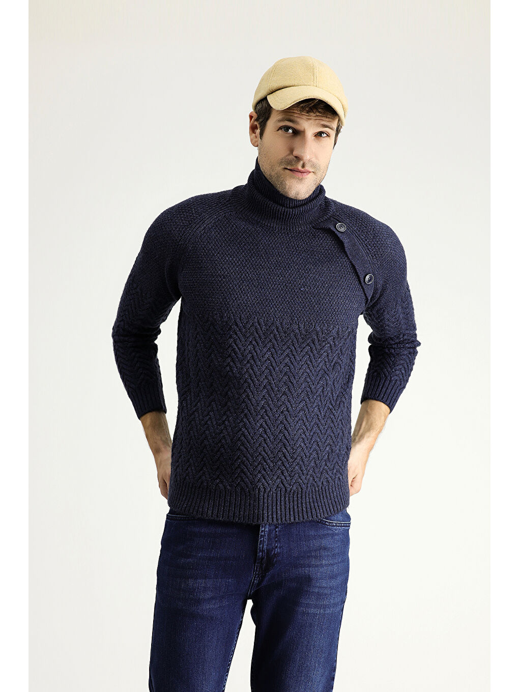 Lacivert Balıkçı Yaka Slim Fit Dar Kesim Desenli Yünlü Triko Kazak