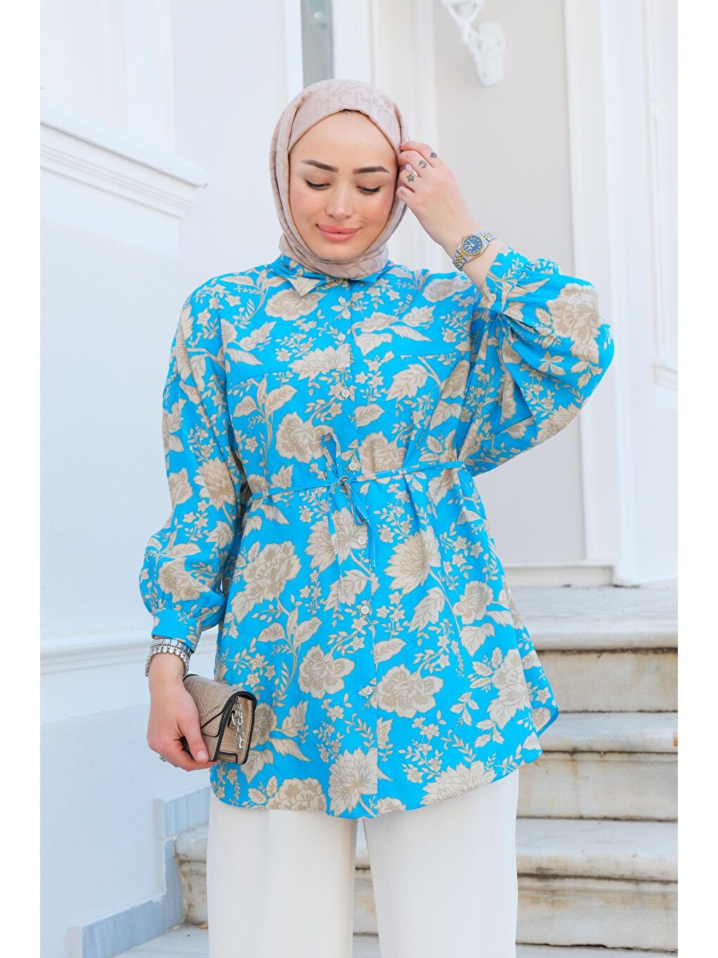 Yaprak Desen Gömlek Mavi-3