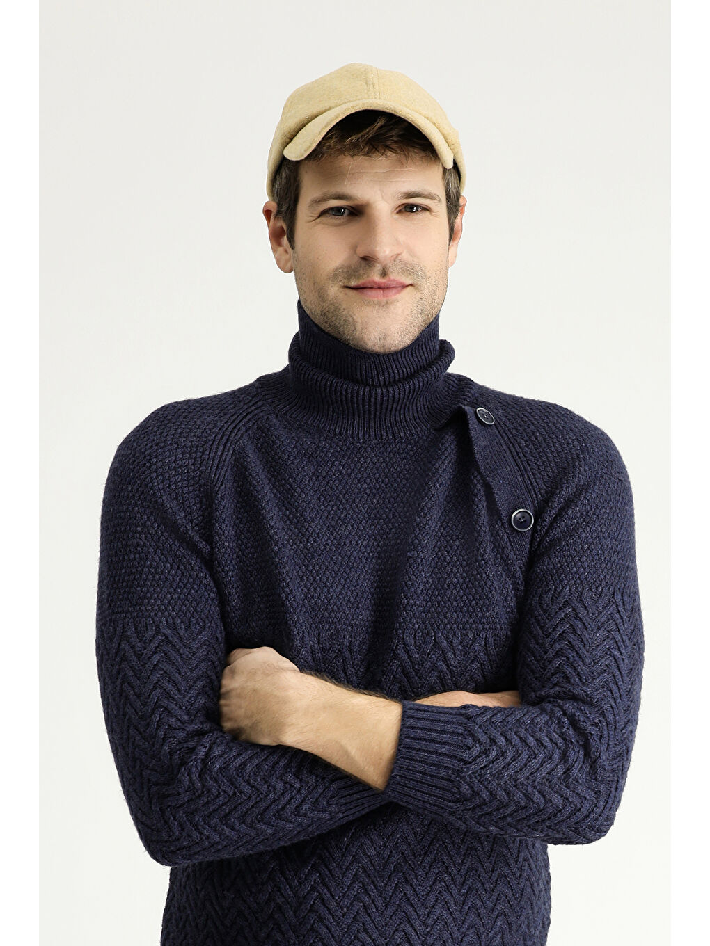 Lacivert Balıkçı Yaka Slim Fit Dar Kesim Desenli Yünlü Triko Kazak-1