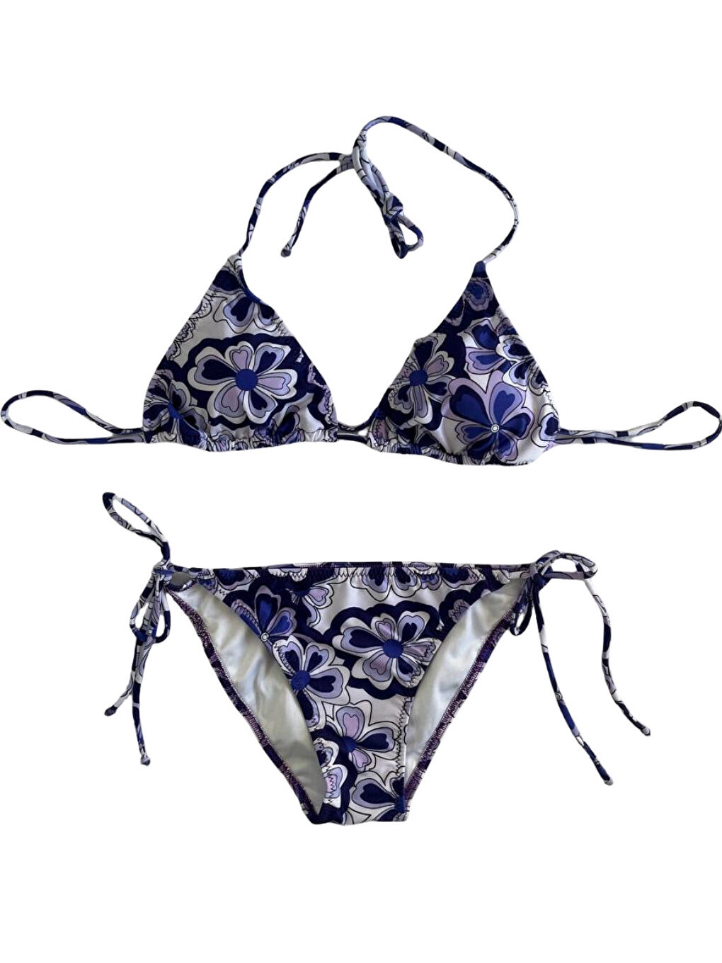 Kadın Lila Çiçek Desenli Boyundan İp Bağlamalı Üçgen Bikini Takımı HZL25S-LC5005-1