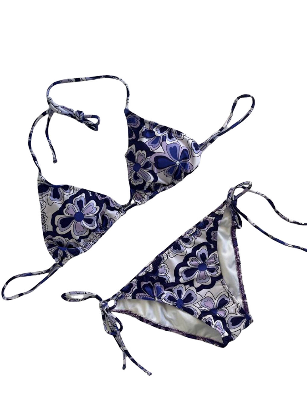 Kadın Lila Çiçek Desenli Boyundan İp Bağlamalı Üçgen Bikini Takımı HZL25S-LC5005-2