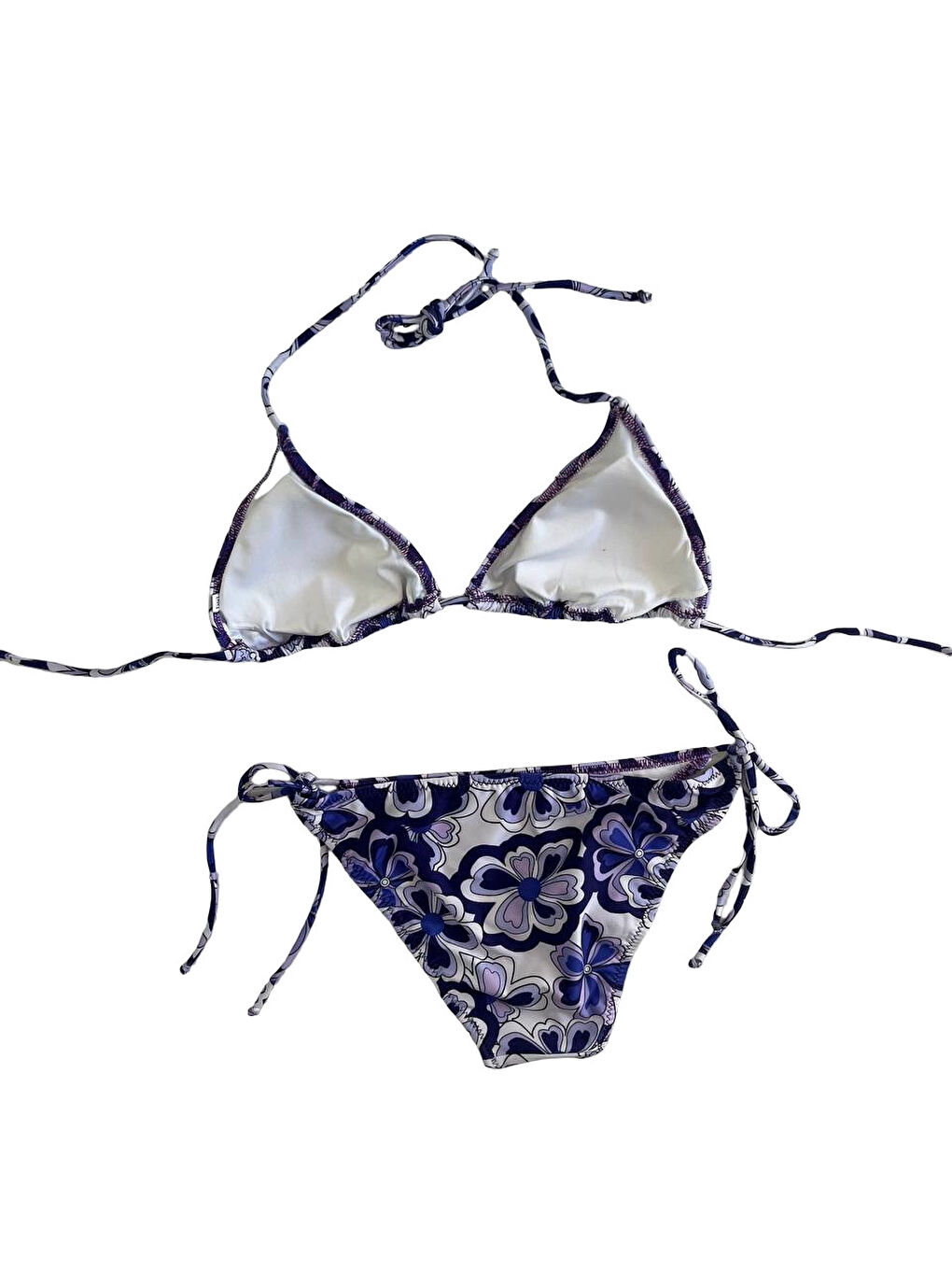 Kadın Lila Çiçek Desenli Boyundan İp Bağlamalı Üçgen Bikini Takımı HZL25S-LC5005-3