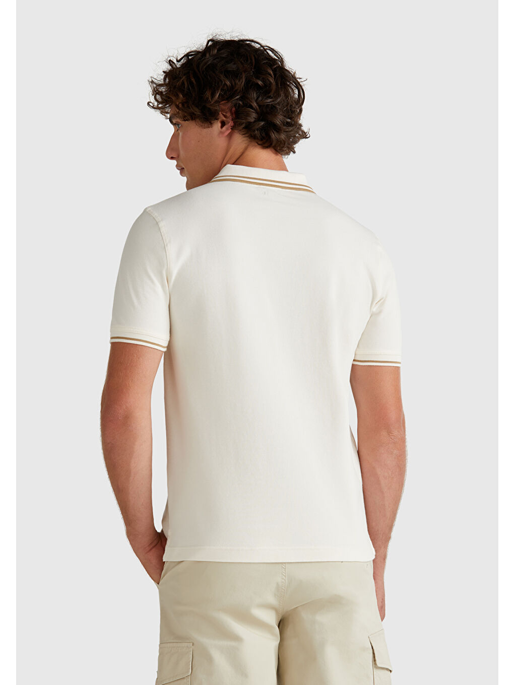 Ekru Erkek Krem Kol ve Yakası Çizgili Polo T-Shirt-2