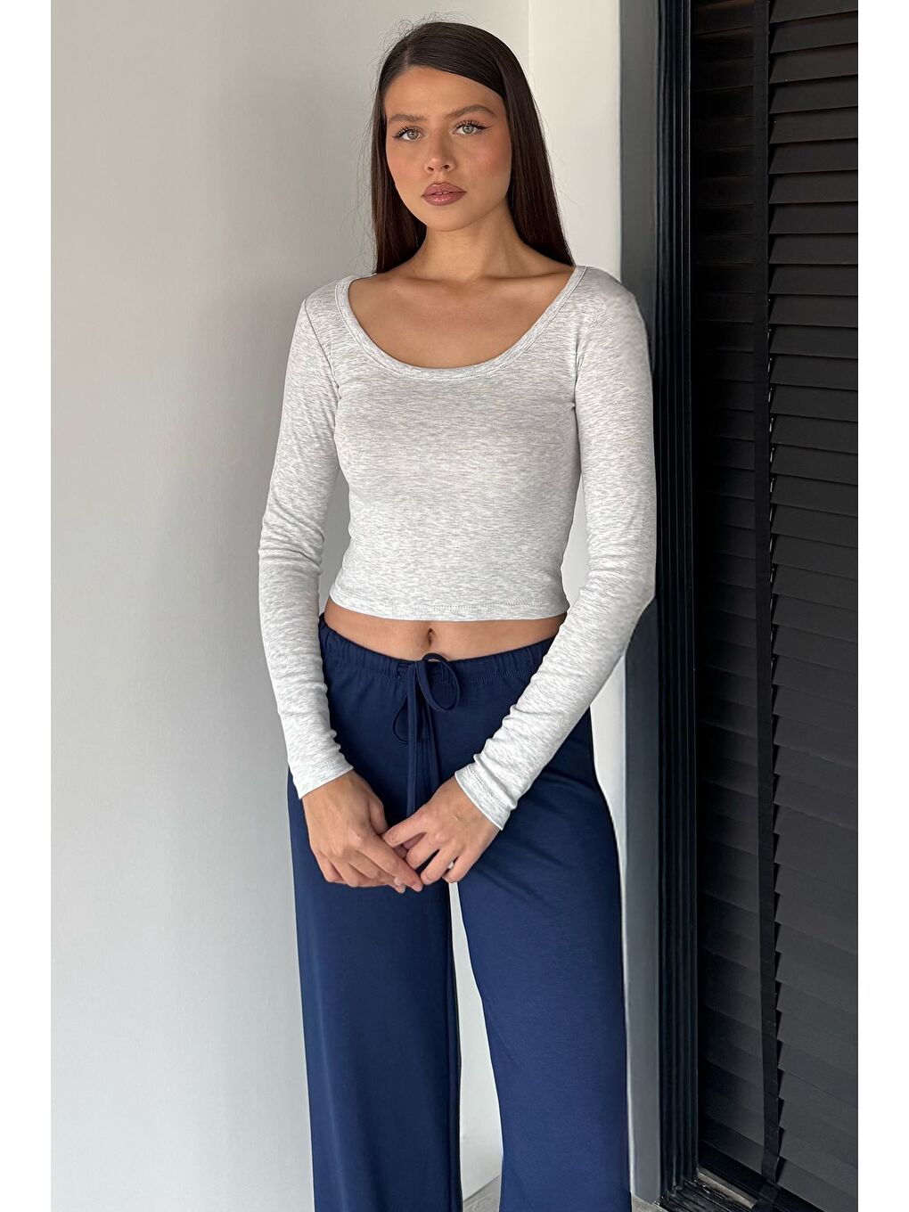 Gri Kadın Uzun Kol Basic Elastanlı Slim Fit Body Bluz-1