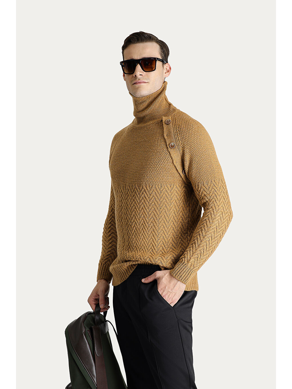 Kahverengi Balıkçı Yaka Slim Fit Dar Kesim Desenli Yünlü Triko Kazak