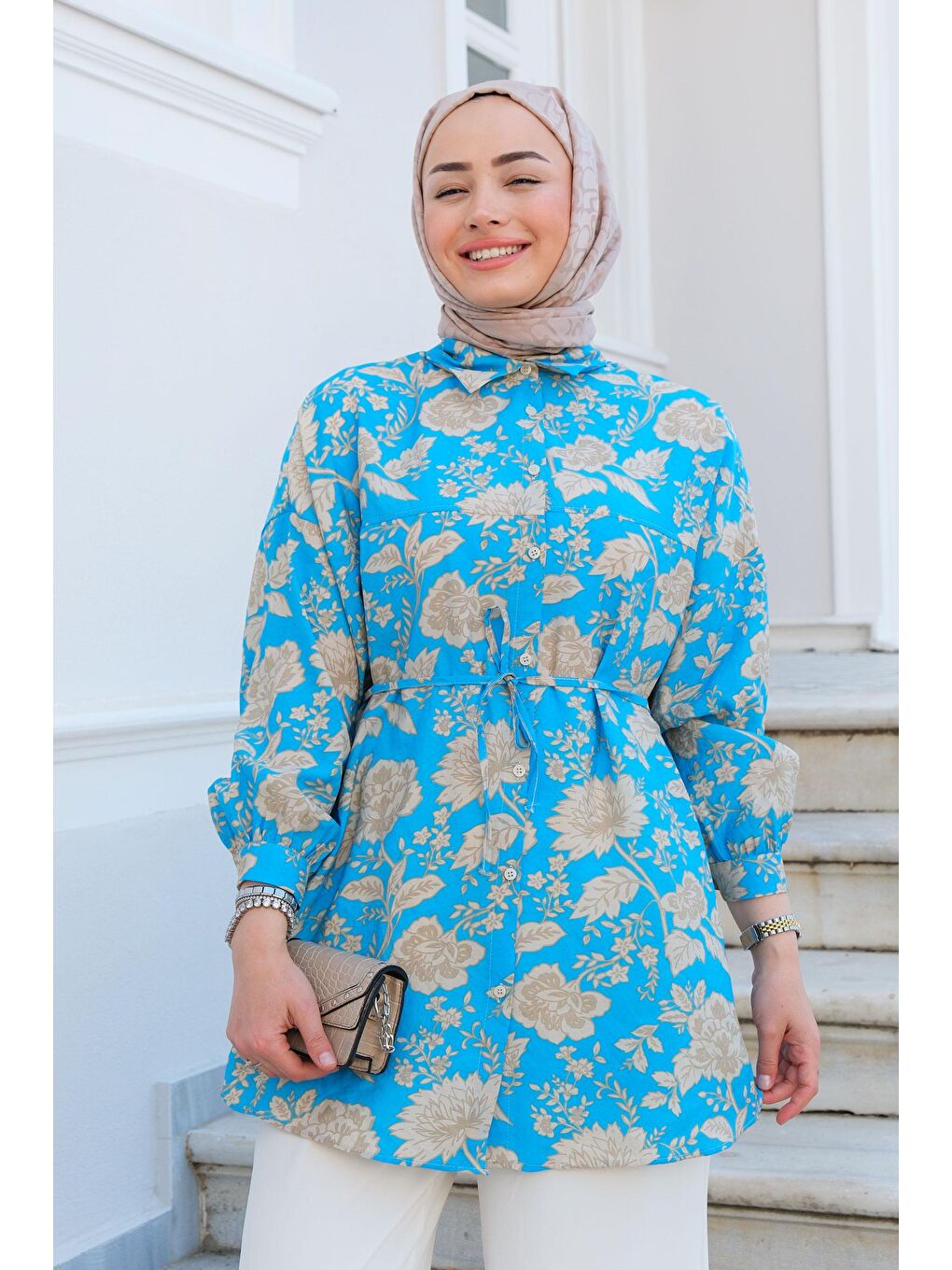 Yaprak Desen Gömlek Mavi-4