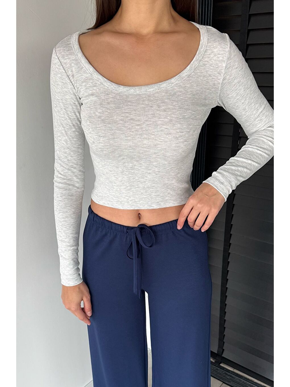 Gri Kadın Uzun Kol Basic Elastanlı Slim Fit Body Bluz-2