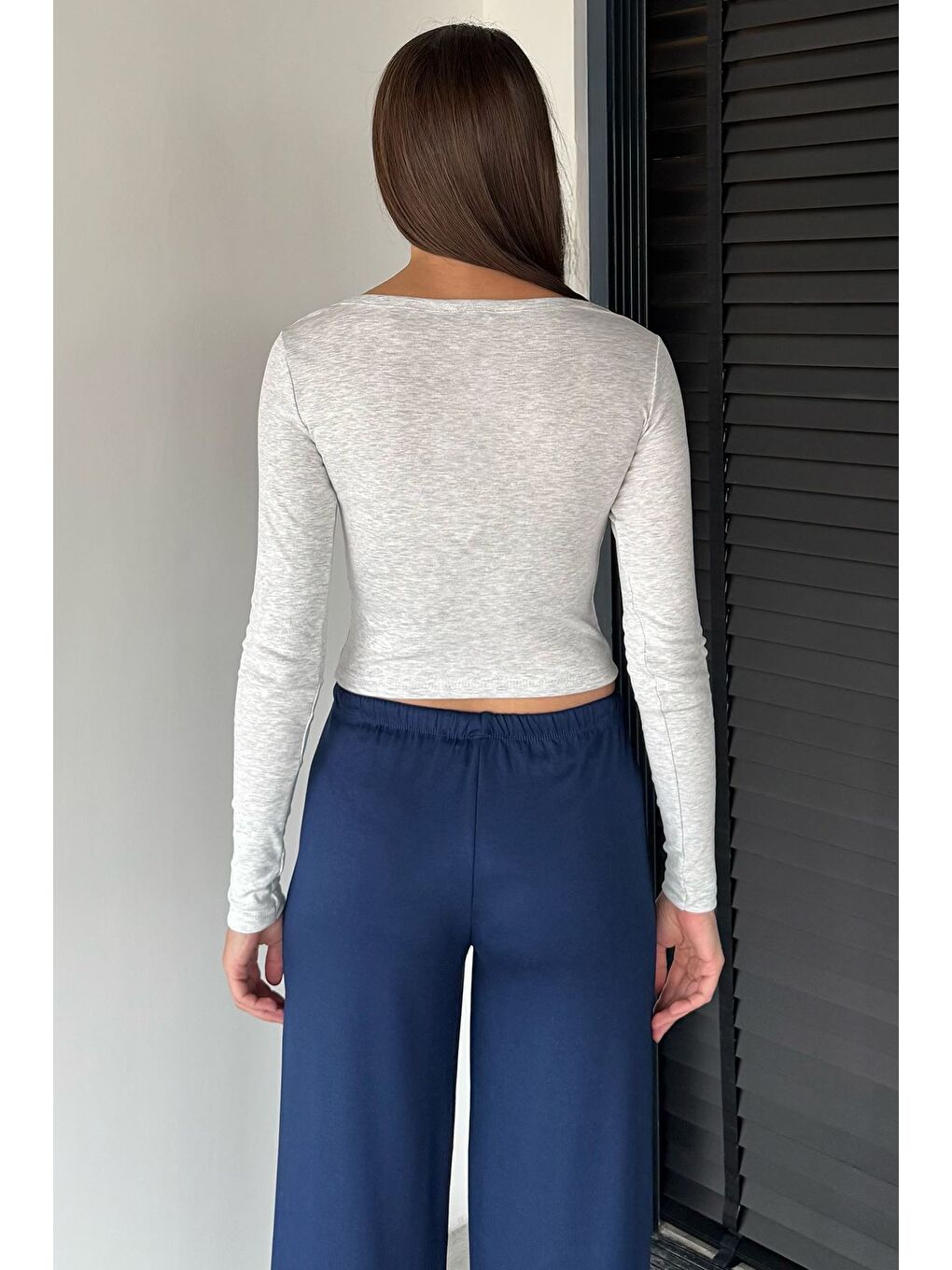 Gri Kadın Uzun Kol Basic Elastanlı Slim Fit Body Bluz-3