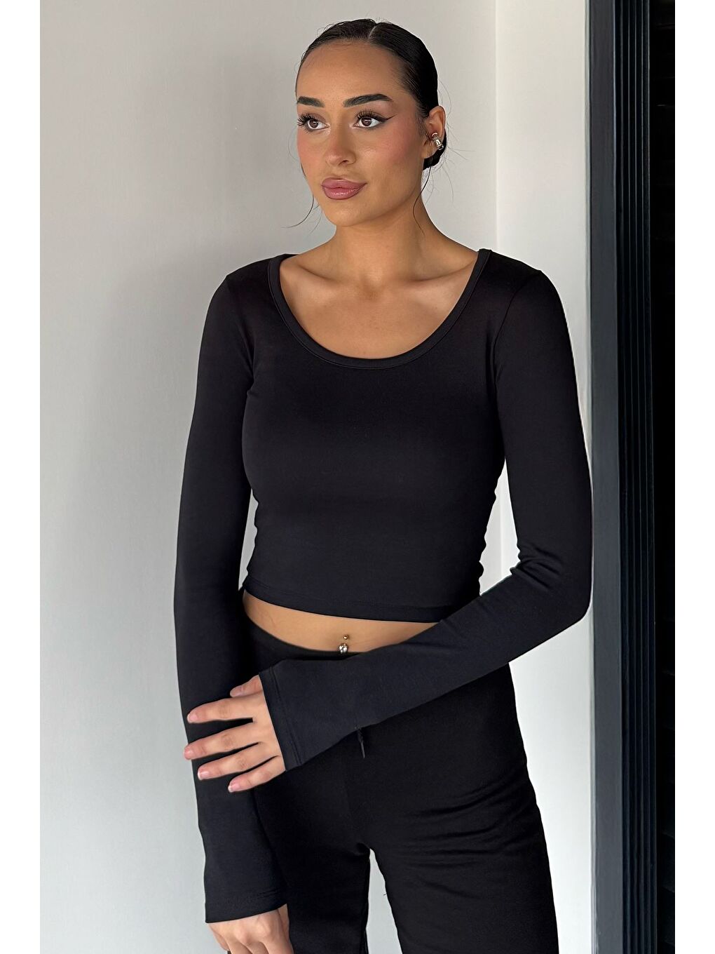 Siyah Kadın Uzun Kol Basic Elastanlı Slim Fit Body Bluz
