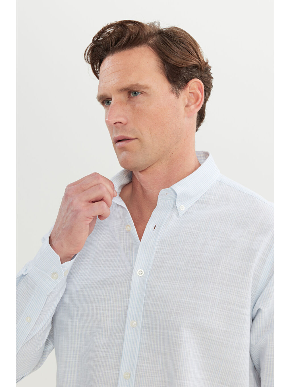 Erkek Açık Mavi %100 Pamuk Comfort Fit Rahat Kesim Düğmeli Yaka Çizgili Gömlek-3