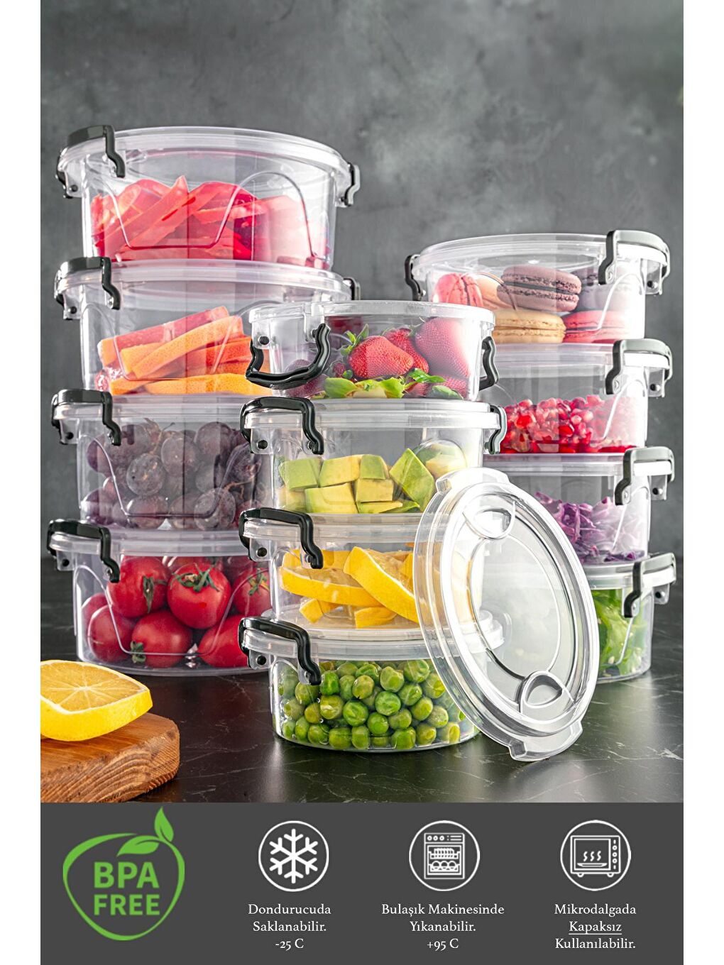 Renksiz 12'li Yuvarlak Saklama Kabı -Lenora Kilitlenebilir Kapaklı Sebze Meyve Erzak Kabı 4x(300-600-1200ml)-1