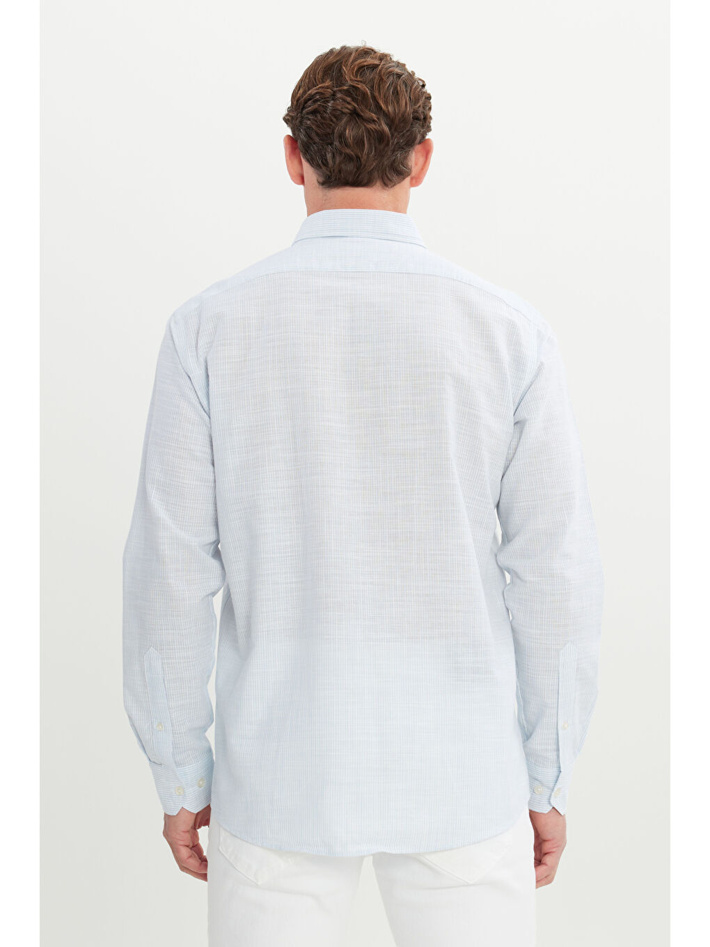 Erkek Açık Mavi %100 Pamuk Comfort Fit Rahat Kesim Düğmeli Yaka Çizgili Gömlek-4
