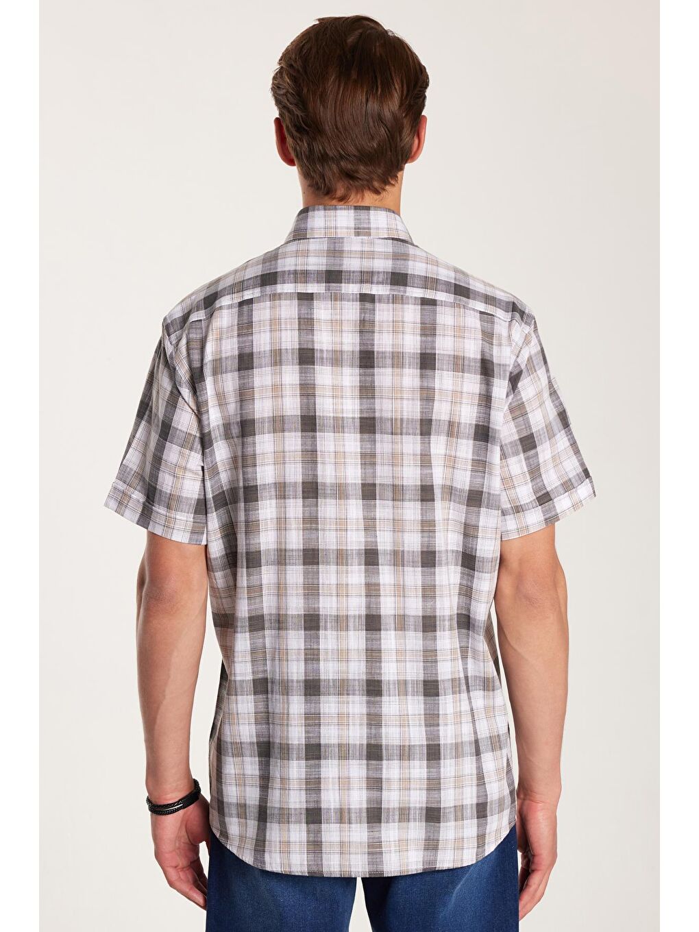 Karışık Erkek Regular Fit Klasik Kesim %100 Pamuk Keten Doku Cepli Kareli Kısa Kollu Düğmeli Yaka Gömlek-4