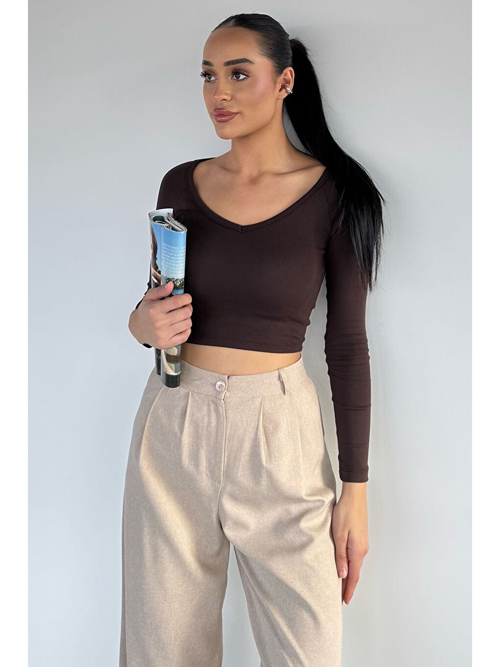 Kahverengi Kadın V Yaka Uzun Kol Elastanlı Slim Fit Body Bluz