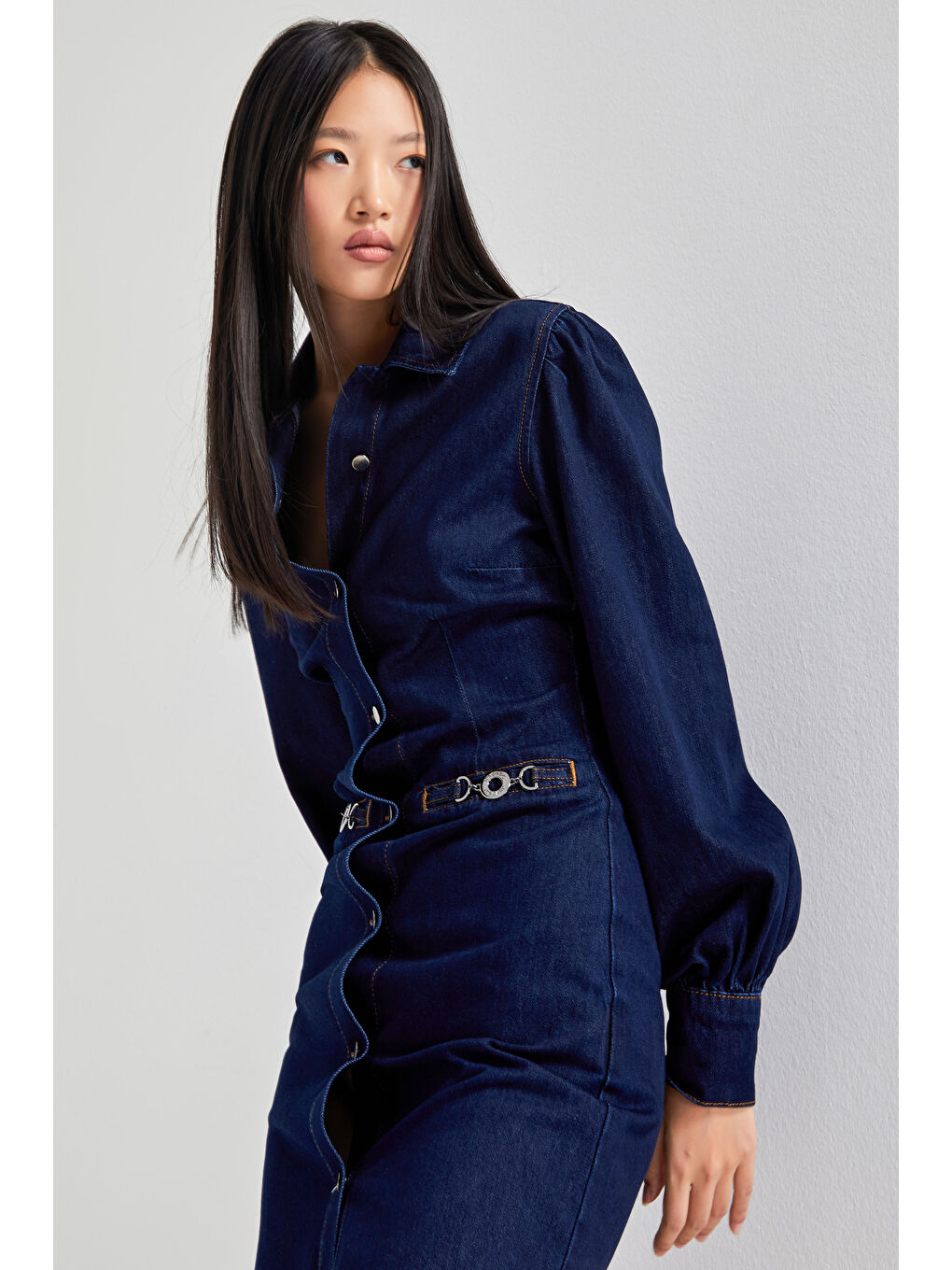 Kadın İndigo Renk 7w5-50 Önü Düğmeli Kemer Detaylı 86cm Tasarım Denim Elbise-1