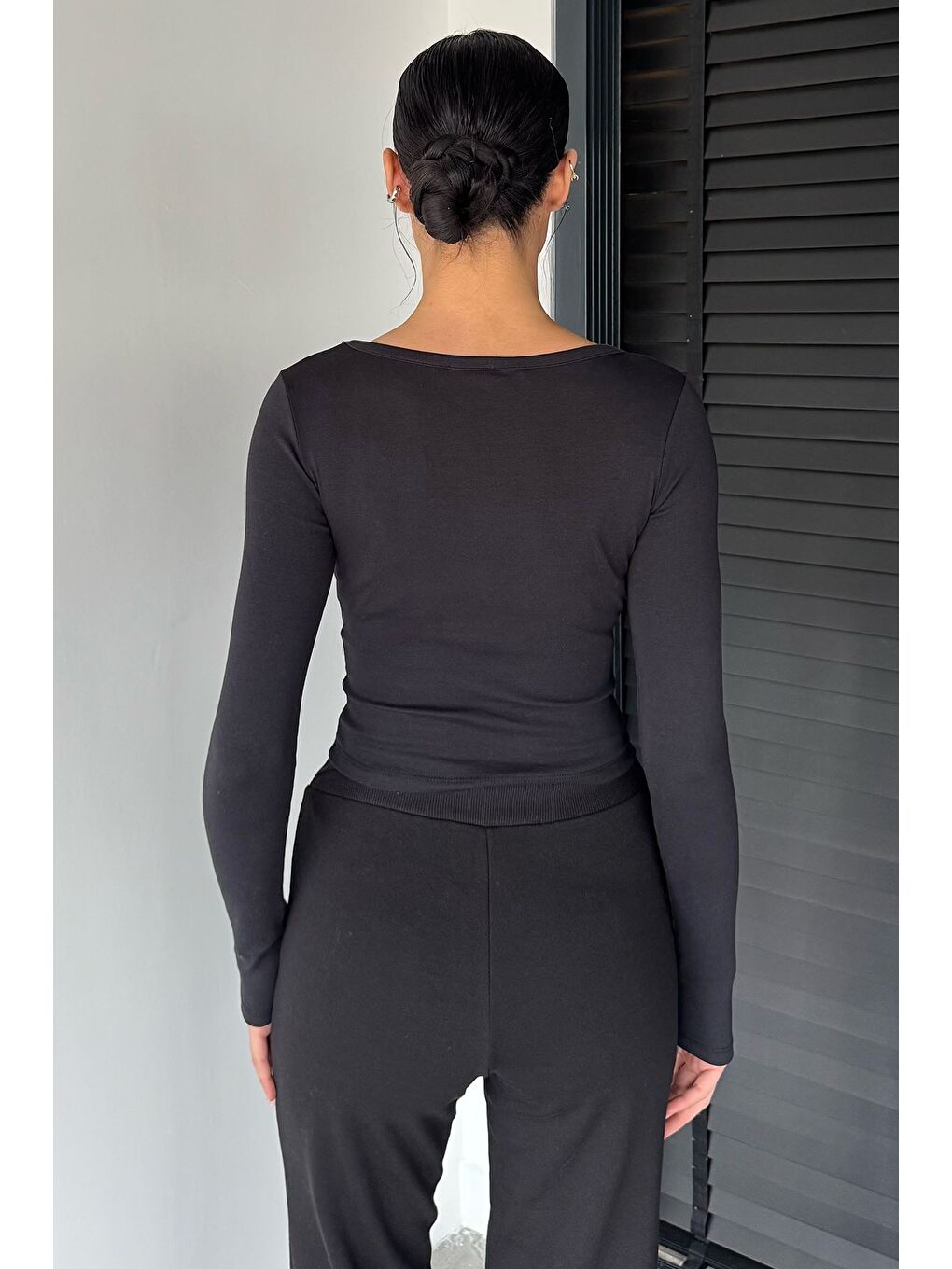 Siyah Kadın Uzun Kol Basic Elastanlı Slim Fit Body Bluz-3