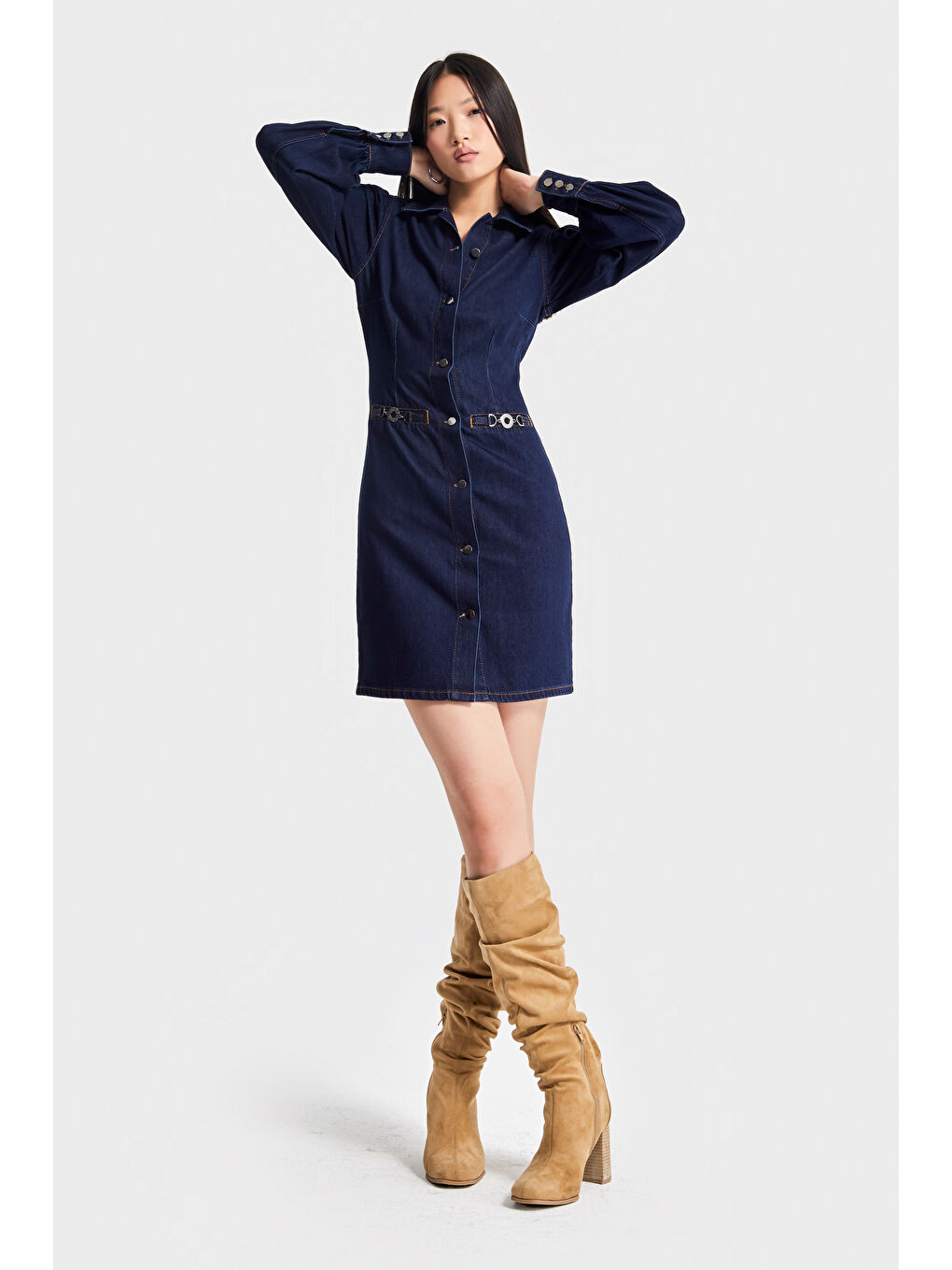 Kadın İndigo Renk 7w5-50 Önü Düğmeli Kemer Detaylı 86cm Tasarım Denim Elbise-2
