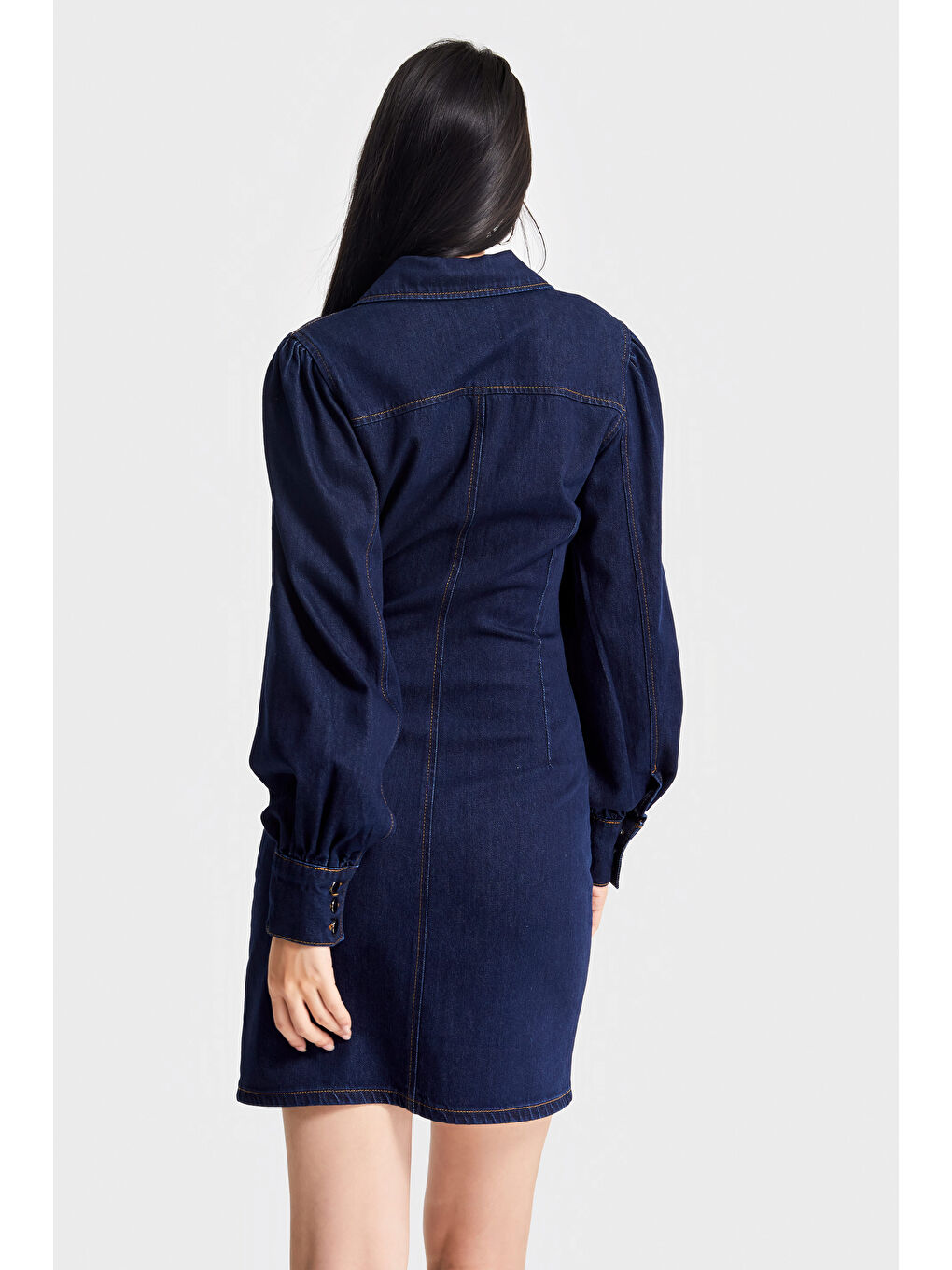 Kadın İndigo Renk 7w5-50 Önü Düğmeli Kemer Detaylı 86cm Tasarım Denim Elbise-3